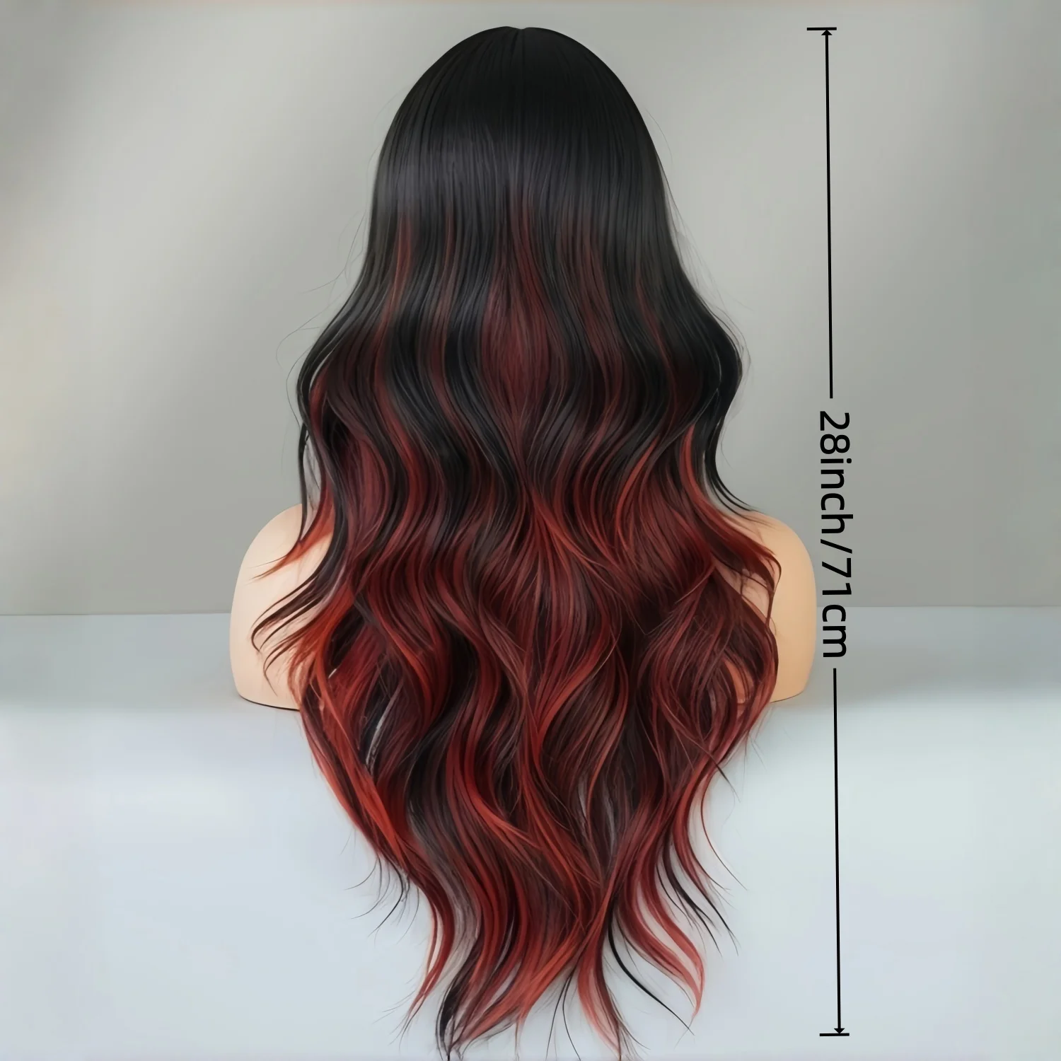Elegant Long Wavy and Fluffy Wig for Women, Featuring a Red-Brown to Black Gradient, Center Parting, and Heat-Resistant Syntheti
