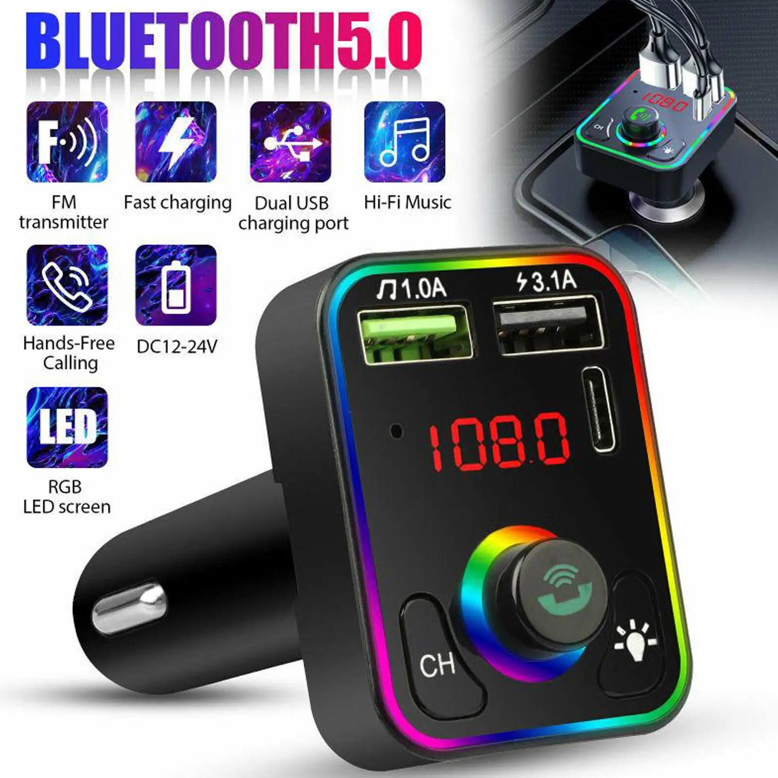 

Bluetooth 5.0 FM Transmitter Car Kit Adapter Hands-Free Auto LED Display And Charger Fast PD With Fm Modulator Mp3 Player P0M3