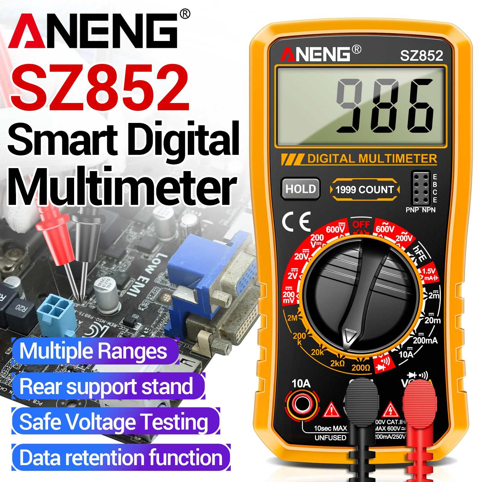 

Цифровой мультиметр ANENG SZ852 профессиональный, с автоматическим выбором диапазона, измерением напряжения, тока, емкости, температуры, высокой точностью