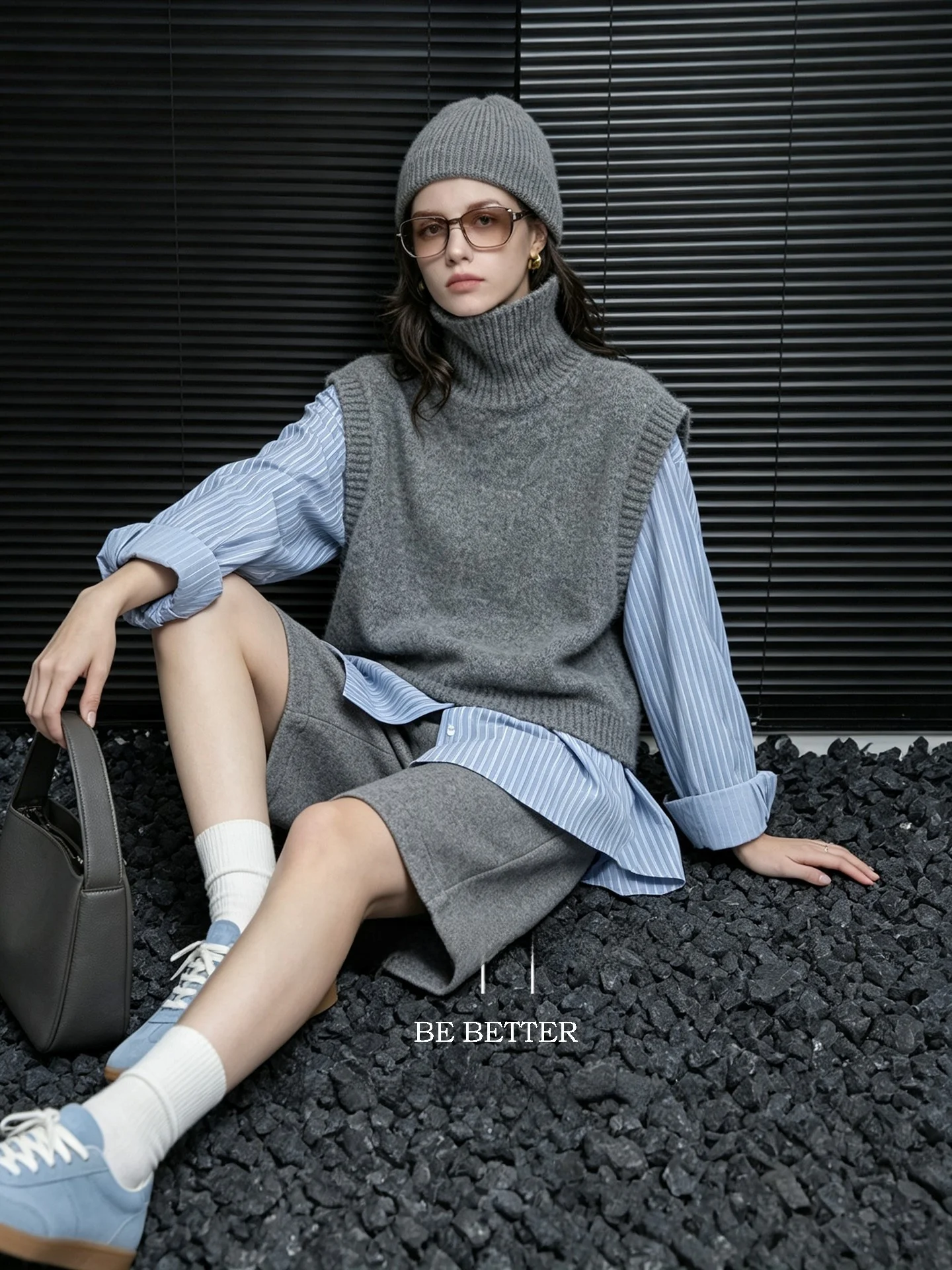 Huaappuw Fashionable High Neck Warm Striped Shirt And Sweater Set True Two-Piece Autumn New Arrival Women's Casual Wear