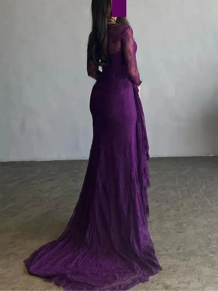 Flechazo Purple Lace Pleat Mermaid Evening Dress Square Collar Illusion Long Sleeves Sexy Side Slit Women Banquet Party Gowns