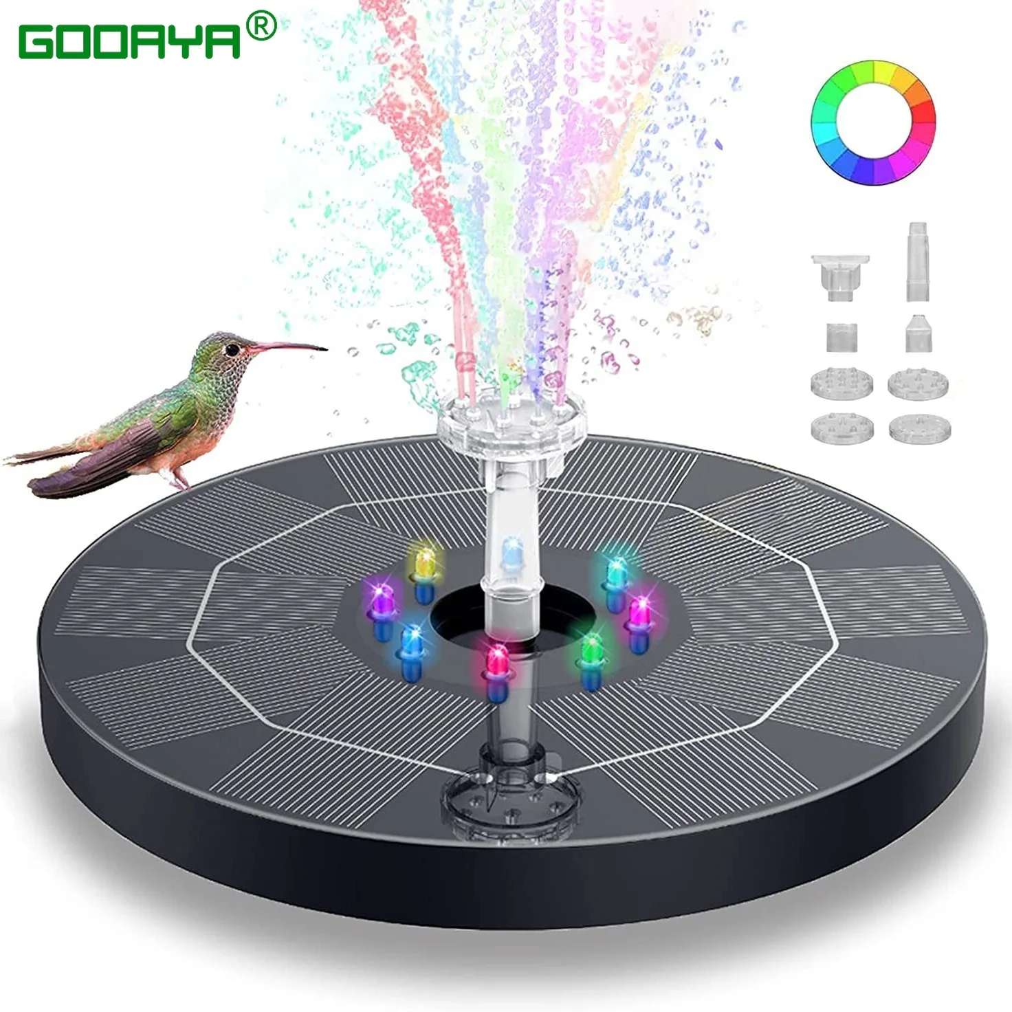 3.5W Fountain Light 7 Colors LED Solar Fountain Light Rotating Fountain with 6 Nozzle Water Pump Outdoor Bird Bath Garden Decor