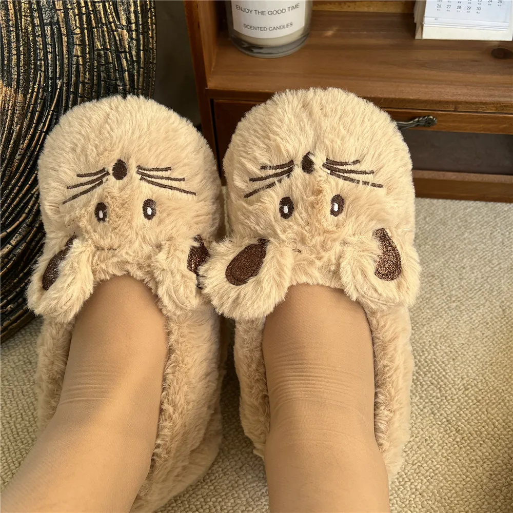 Winter Slipper Home Women House Fur Warm Plush Non slip Grip Indoor Fluffy Lazy rat Mouse Ears Fuzzy Shoes Female Cute Funny