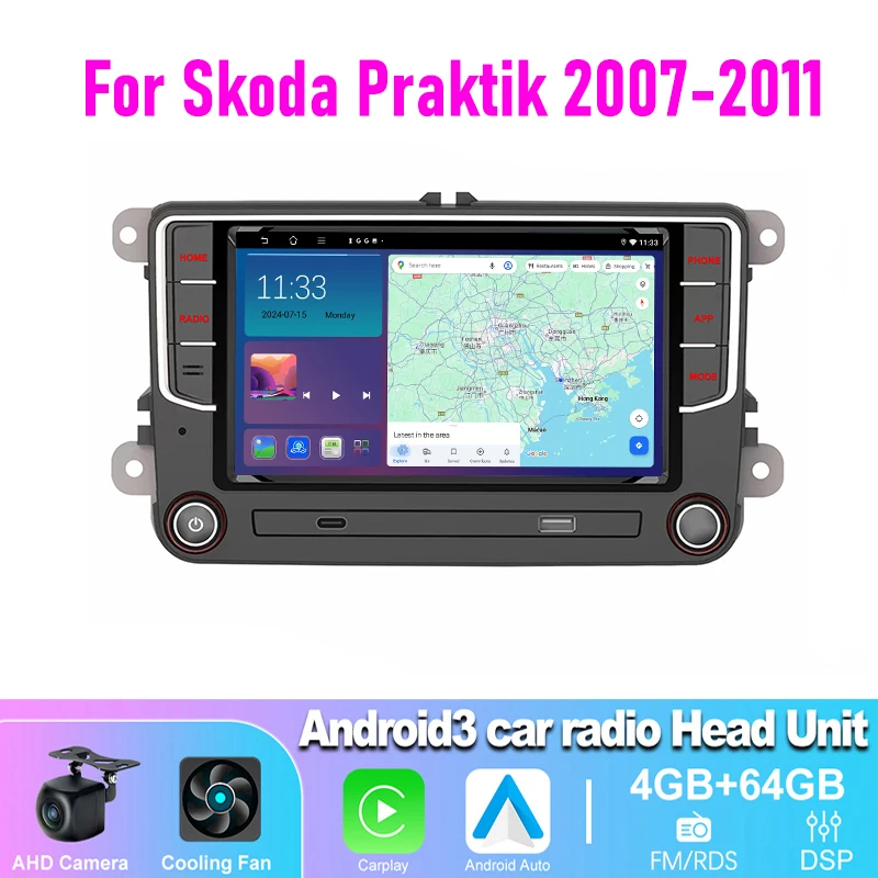 

4-64GB 7" Car Radio For Skoda Praktik 2007-2011 Double Din Wireless CarPlay Android 15 Auto Head Unit BT WIFI Reversing Input