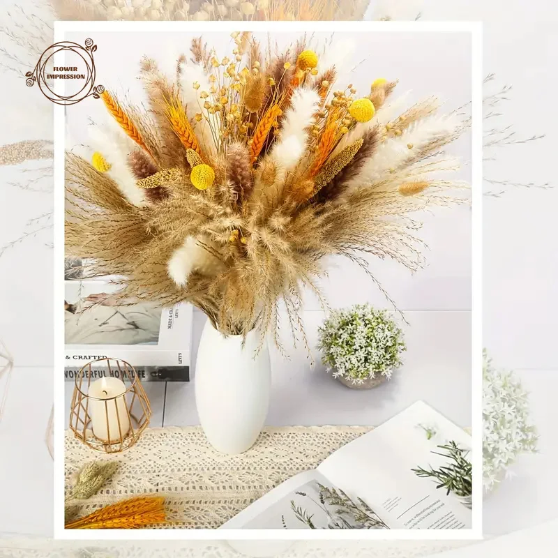 Natural Pampas Grass Dry Flower Golden Ball Bouquet Decoration Boho Decor Floral Arrangements Artificial Plant Room Decor