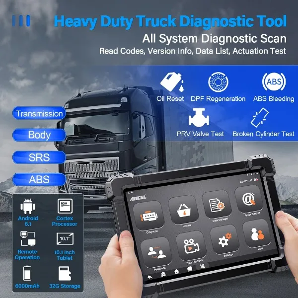 ANCEL X7 HD Heavy Duty Truck Diagnostic Tool Bluetooth OBD2 All System Oil D-P-F Regen ECU Reset 12V 24V Scanner 2024