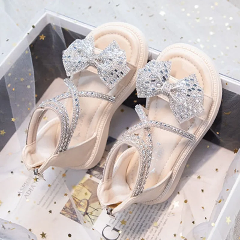 

Girls Rhinestones Princess Sandals Children Elegant Gladiator Sandals with Bow-knot Kids Performance Shoes for Party Wedding