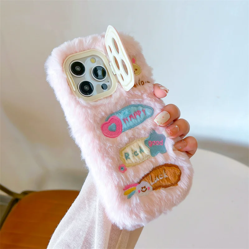 Cartoons Graffiti Rabbit Phone Case For iPhone 16 Pro 15 Plus 11 12 13 14 Pro Max Fluffy Shockproof Cover Kawaii Protection Case