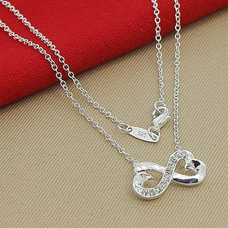 

925 Sterling Silver 18 Inch Chain AAA Zircon Double Heart Pendant Necklace For Women Engagement Wedding Jewelry