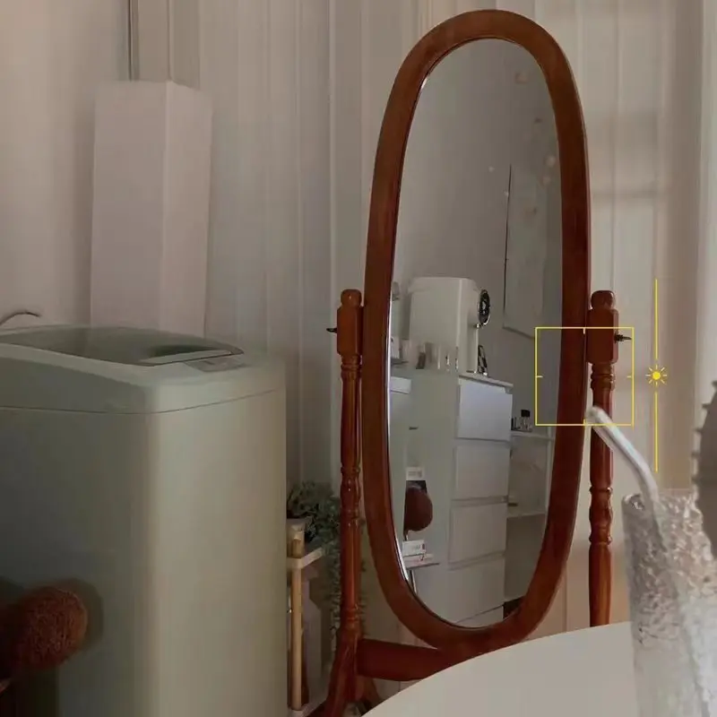 

Solid wood European American Internet celebrity round floor full-length mirror retro antique full-length mirror fitting