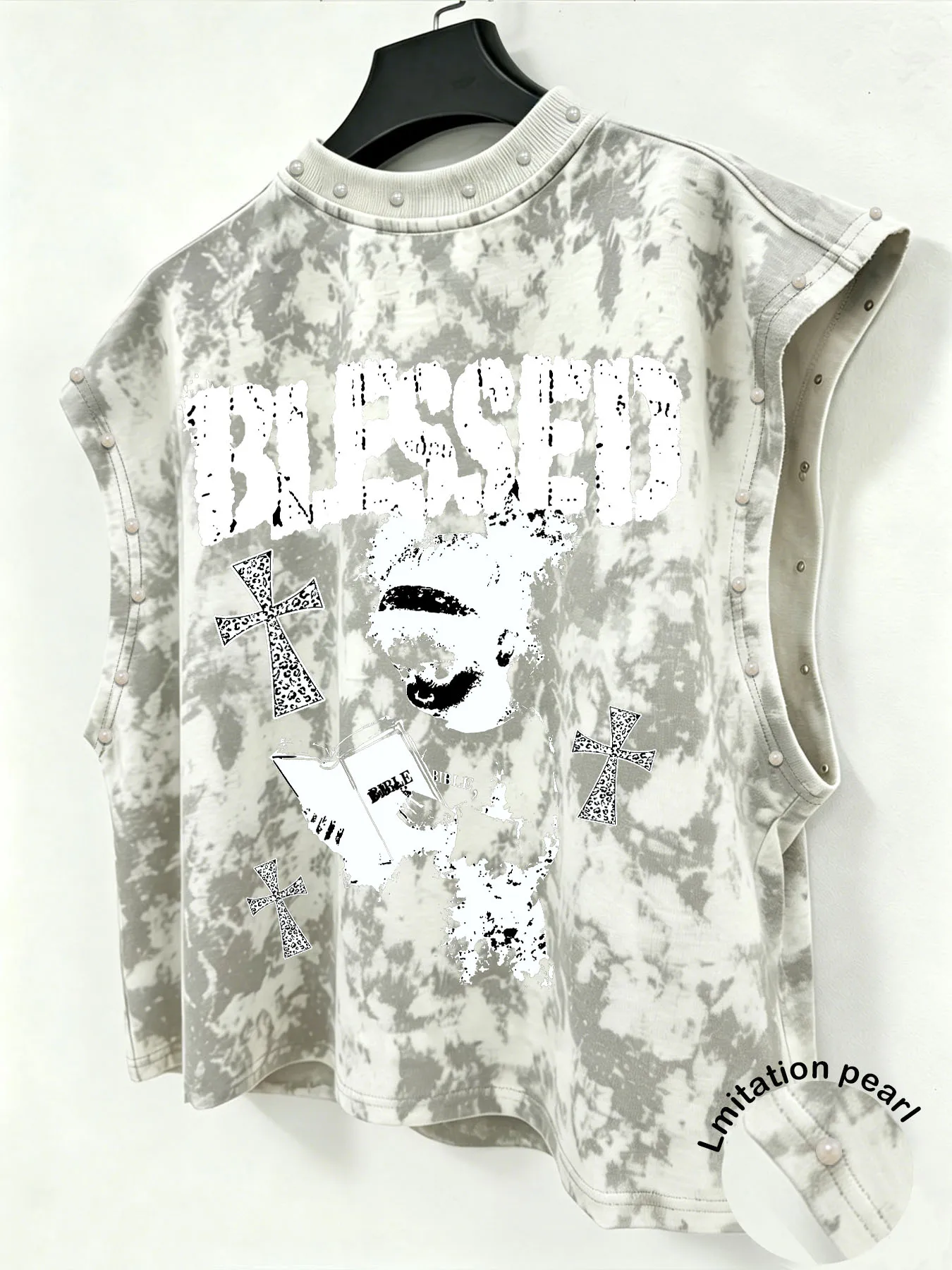 Tie-Dye Ärmelloses Tanktop, beidseitig bedruckt mit gesegneter Figur & Kreuz, Imitationsperlen, dunkles Punk-Tanktop für Herren – Detail 5