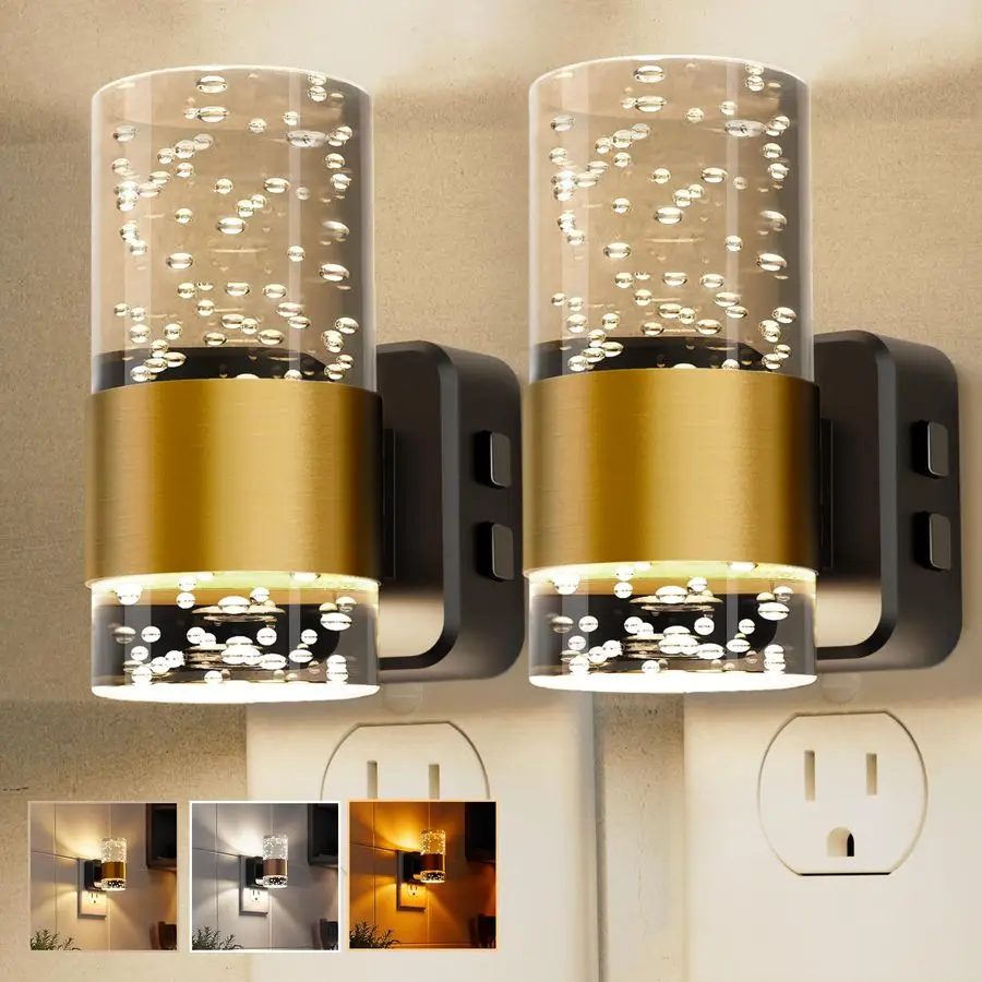 

Lights Plug into Wall 2 Pack, Dimmable Night Light with DusktoDawn Light Sensor, Soft White Cool White Amber 3 Light Color, Adju