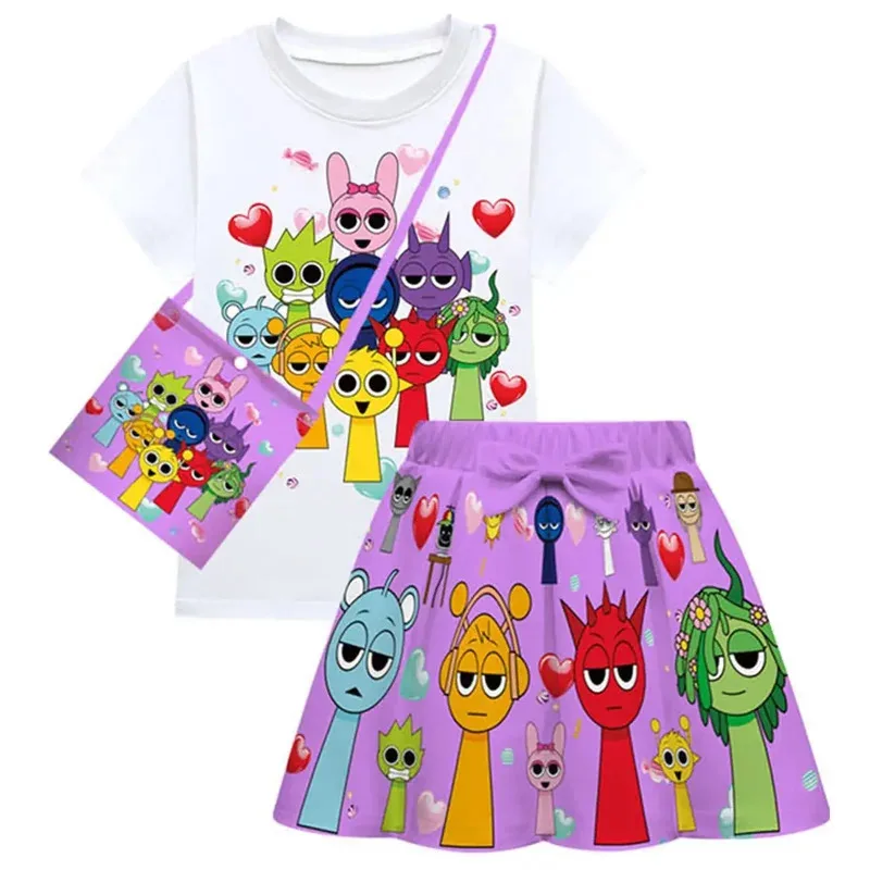 حار فيلم Sprunki الاطفال تأثيري حلي لعبة Incredibox الصيف طفل الفتيات تي شيرت تنورة دعوى لأزياء كرنفال