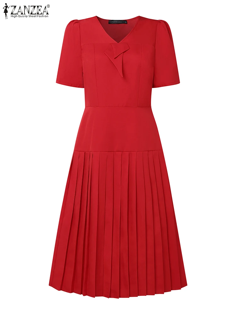 ZANZEA Elegante Frauen V-ausschnitt Kurzarm Plissee Kleider 2025, Sommer Kleid Stilvolle Party Arbeit Sommerkleid Casual EINE Linie Vestidos
