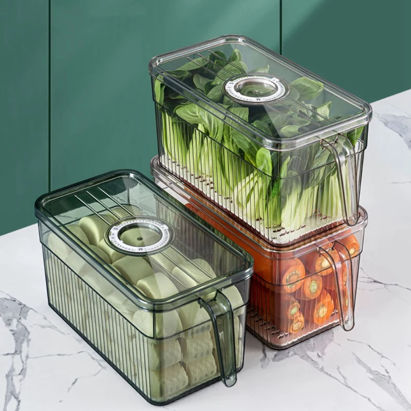 Refrigerator Storage Box Timekeeping Keep Fresh Food Organizer Box with Handle Transparent Material Photo Color