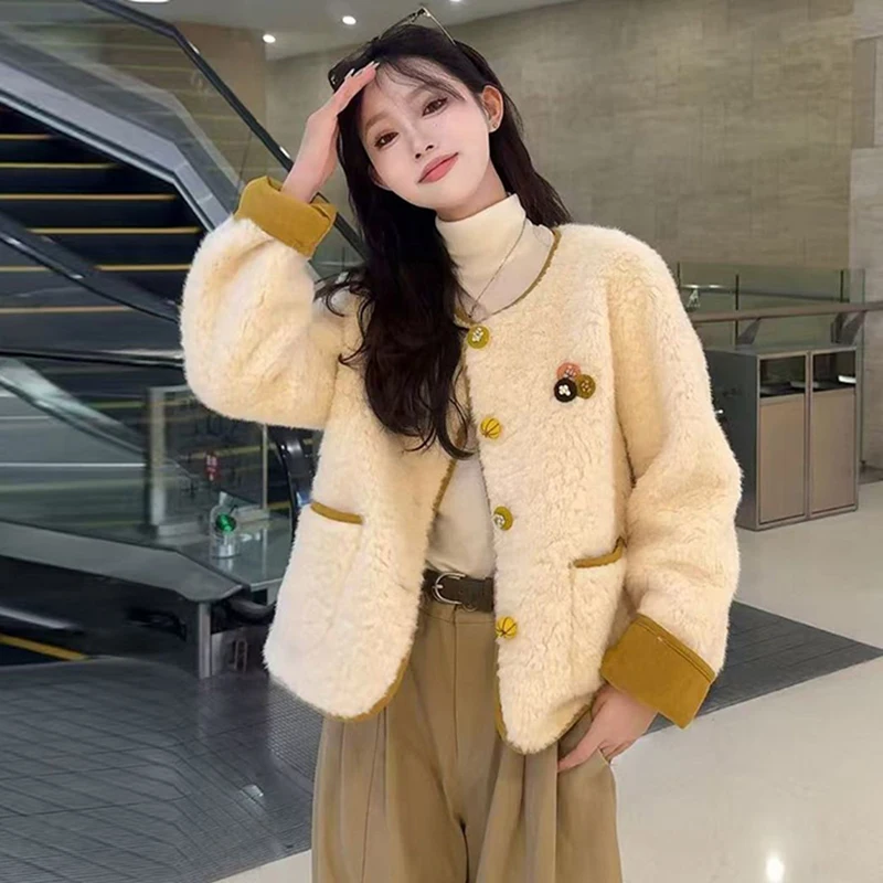 

Korean Chic Button Coats Women Autumn Winter Casual Faux Lamb Long Sleeve Jacket Female O Neck Preppy Pocket Office Lady Outwear