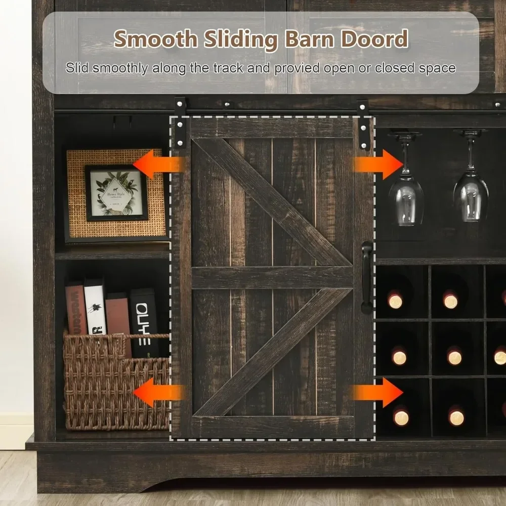 Farmhouse Wine Bar Cabinet with Sliding Barn Doors|54" Large Buffet Cabinet with 15 Wine Rack|Glass Rack