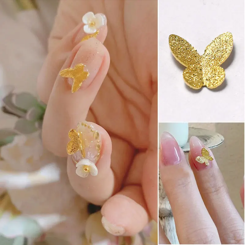 10PCS/Set 4 sizes ins Stereo Butterfly Nail decoration DIY Nail metal butterfly Nail accessories frosted gold small butterfly