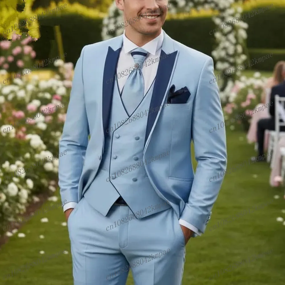 

Blue Collar Sky Blue Formal Men Suit Groom Groomsman Wedding Party Prom Business Male Tuxedos 3 Piece Set Blazer Vest Pants
