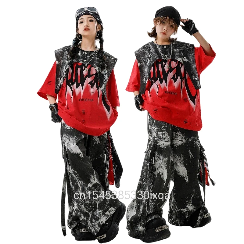 男の子ヒップホップリッピンググラフィティ-tシャツクールベストカーゴパンツ女の子-k-pop-ジャズ衣装子供ダンス服セット子供ストリートウェア