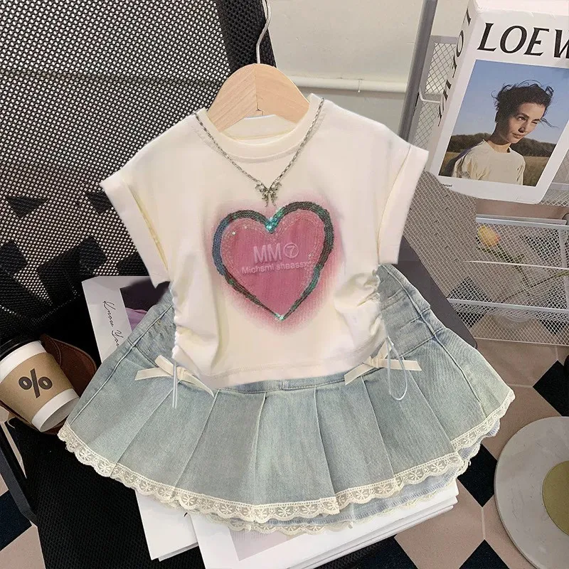 Girls' Short Sleeve Set 2026 Summer New Children's Clothing Girls' Stylish Printed T-shirt Cowboy Short Skirt Two Piece Set