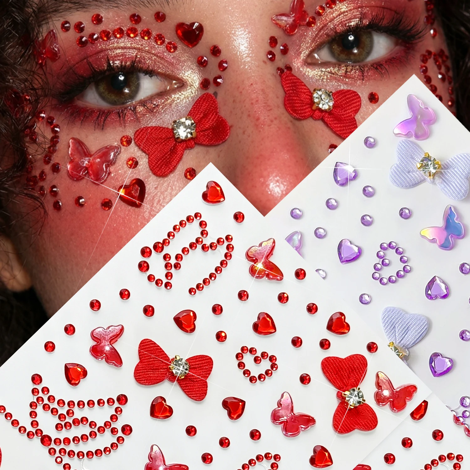 

1sheet Cute Red Purple Butterfly Heart Bow Rhinestones Face Sticker 3D Self-adhesive Sparkling Diamond Face Body Decorations 3%Y