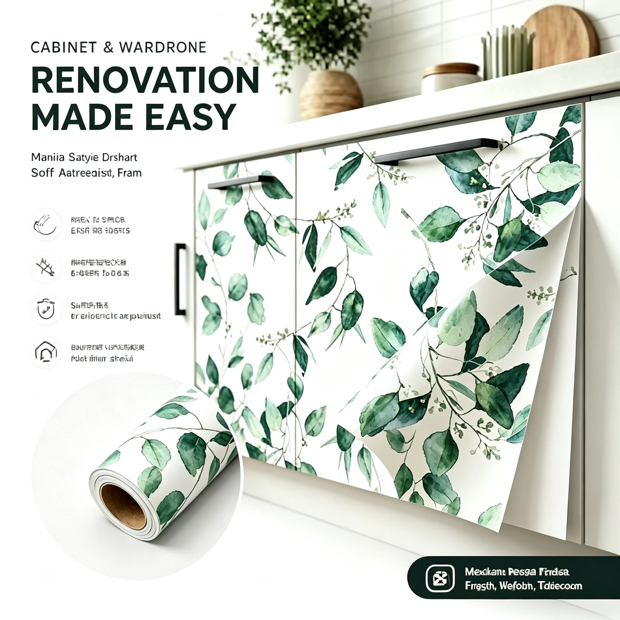45cm Peel And Stick Green Leaf Vinyl Contact Paper Waterproof Removable Self Adhesive Wallpaper for Cabinet Apartment Home Decor
