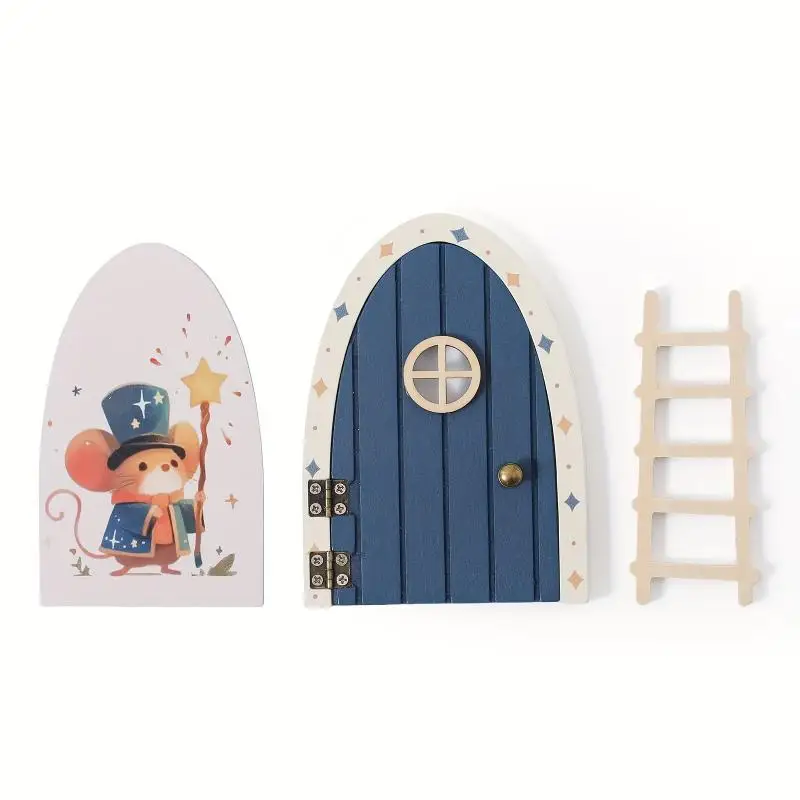 Mini Creative Fairy Elf Door Wooden With Mini Ladders Funny Mouse Hole Nursery Decor Dollhouse Home Decorations