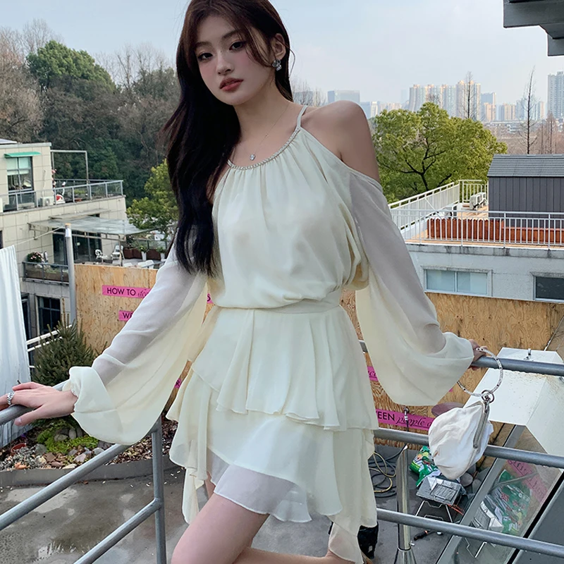 

Two Piece Set Women Sexy Off Shoulder Long Sleeve Chiffon Shirt Tops And High Waist A-Line Mini Skirts Elegant Sweet Suit