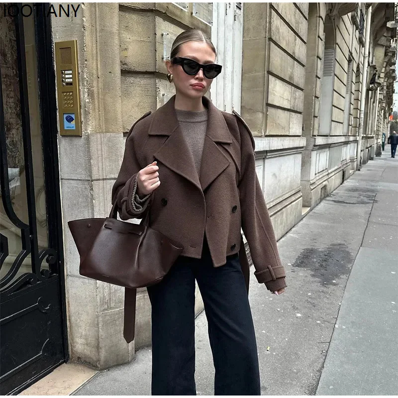 Einfarbiger kurzer Trenchcoat für Damen mit Krawatte vorne, zweireihig, lange Ärmel, 2026, modischer Street-Style-Revers-Wollmantel