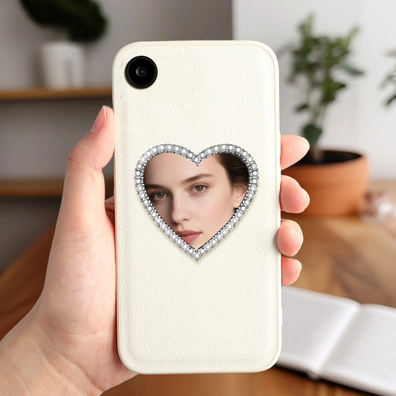 6Pcs Heart Mirror Phone Case Rhinestone Stick-on DIY Phone Charm Portable Makeup Mirror Pocket Size Handheld Vanity Accessories