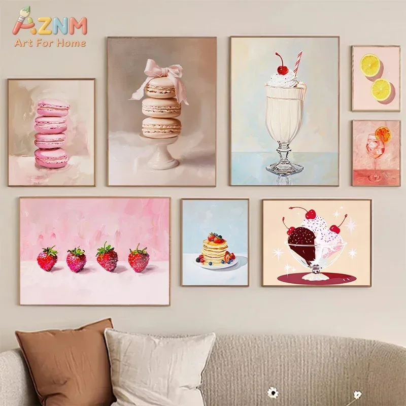 AZNM Sweet Dessert Macaron Ice Cream Strawberry Canvas Wall Art, Pastel Cute Kitchen Aesthetic Dining Room Home Decor Unframed P