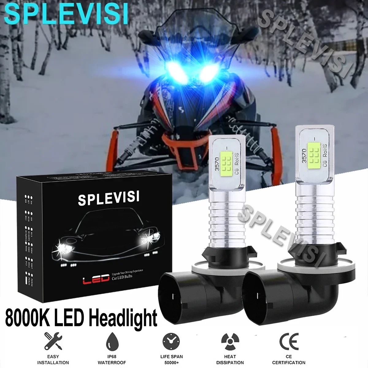 2PCS 8000K Ice Blue LED Headlight Bulbs Kit 881 For Arctic Cat Snowmobiles Crossfire 500 600 700 800