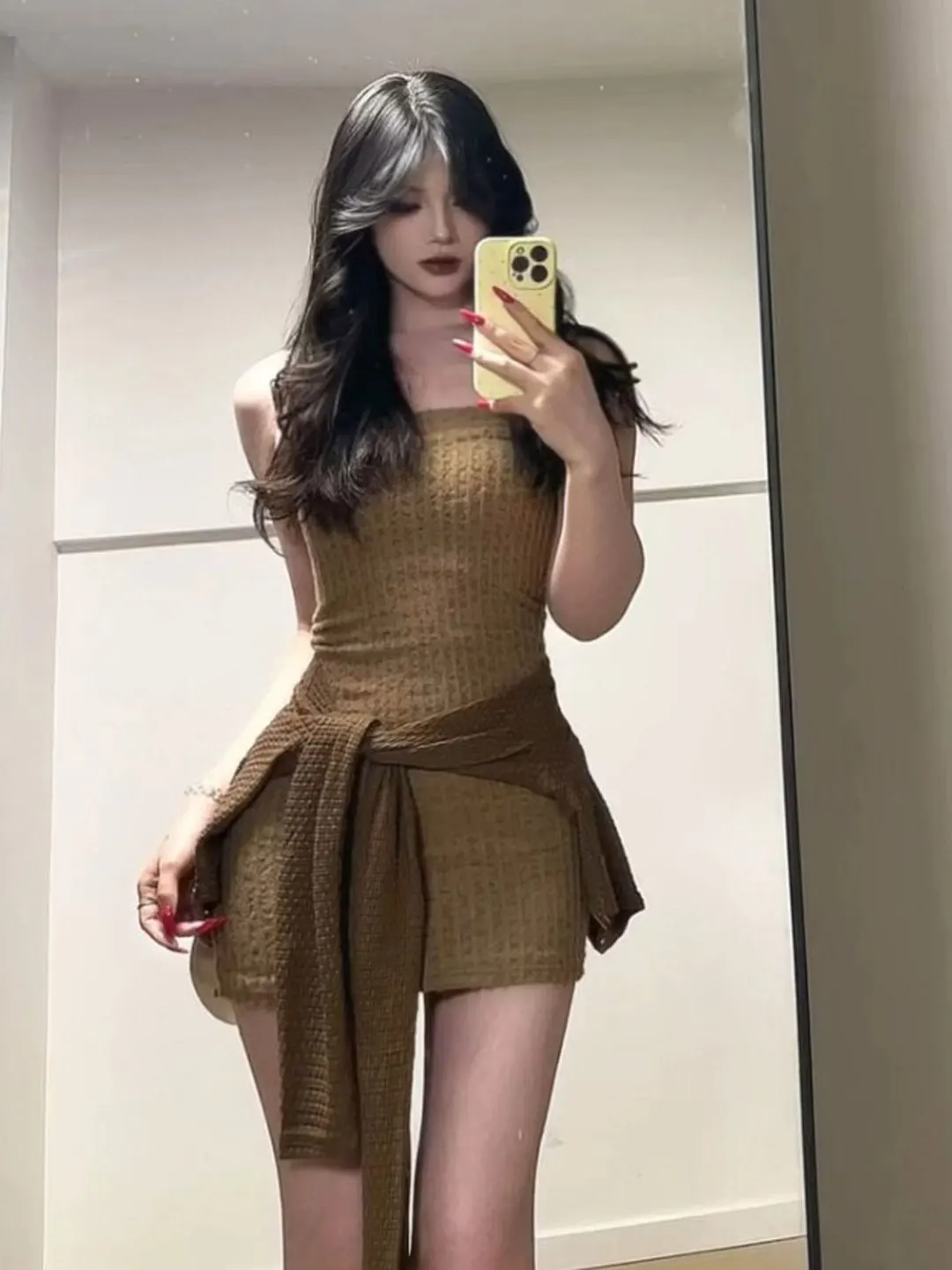 

Sexy Retro Girl Sle Svel Open Cardigan Tube Dr Two-Piece Set Ele Spring Faion Outfit ort Skirt Long Sve