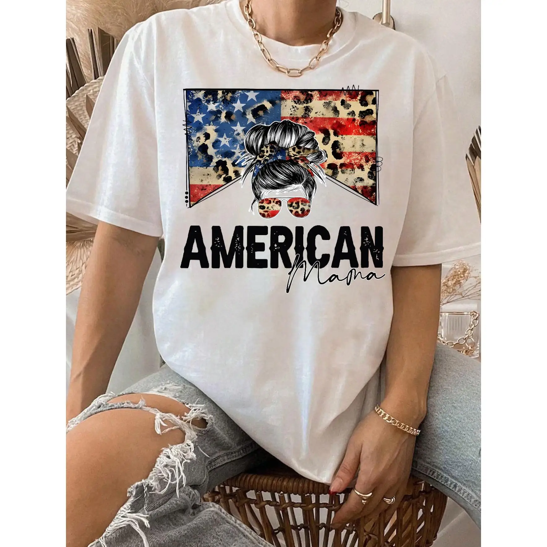 

American Mama Messy Bun T-Shirt, Women's American Flag Leopard Print, Funny Summer Mother's Day Gift, Loose Short Sleeve Blouse