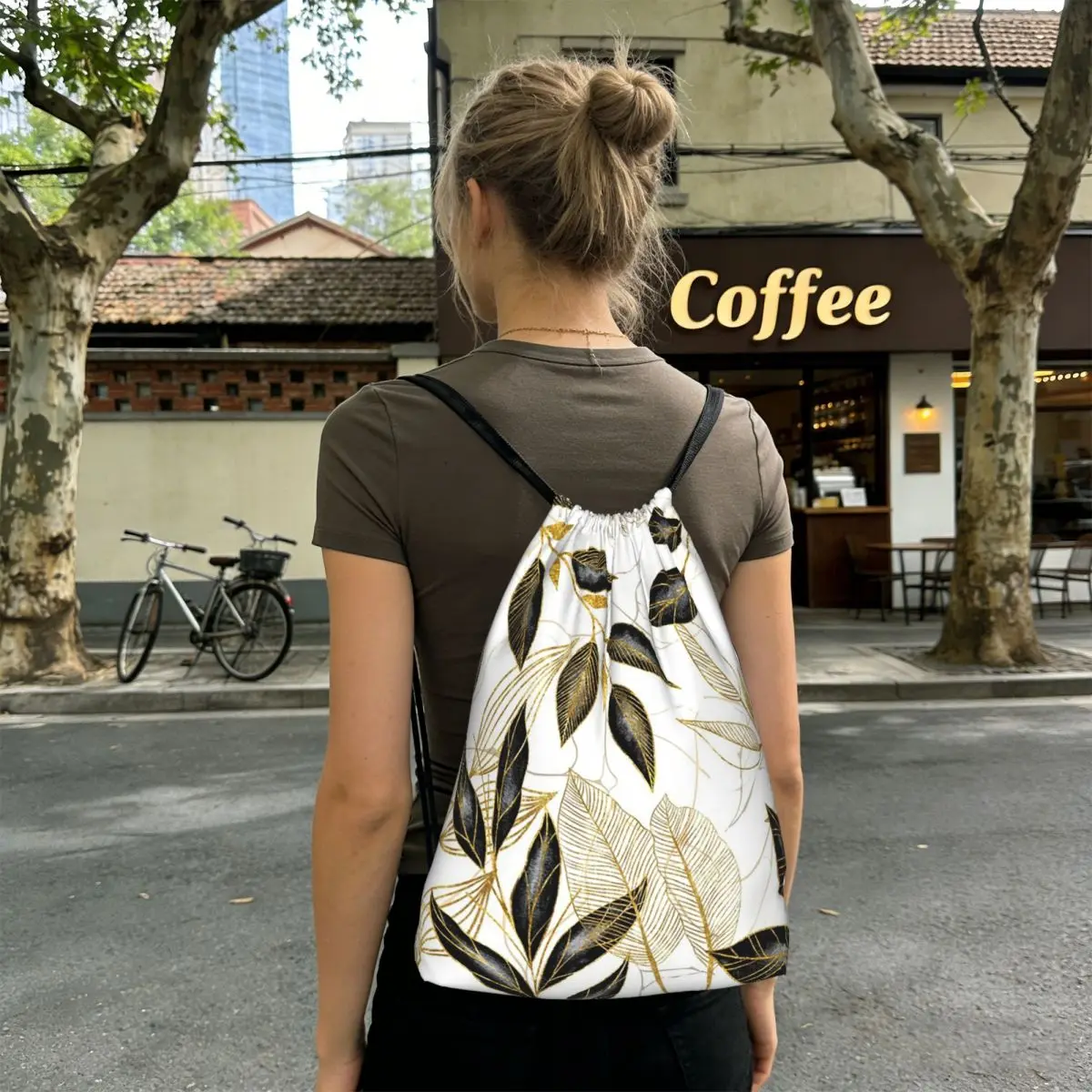 Black Golden Leaf Print Backpacks Casual Drawstring Bags Sundries Bag Book Bags for Travel School