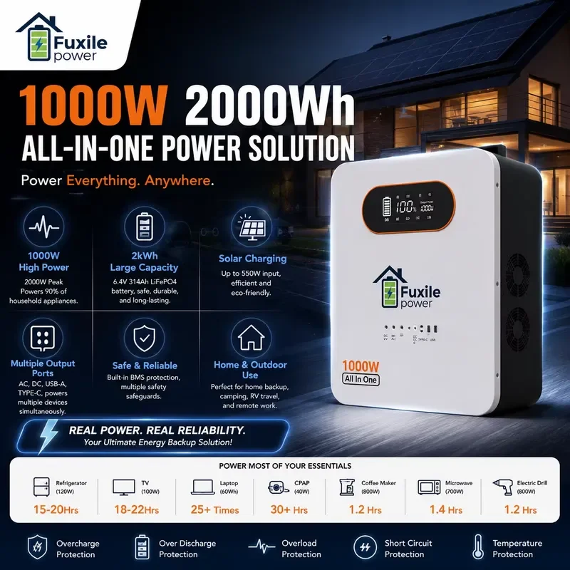 1000W 2000Wh LiFePO4 Solar Generator All-in-One Energy Storage System Home Backup Portable Power Station