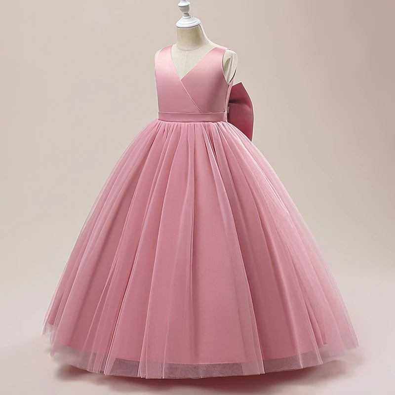 Summer Big Bow Long Bridesmaid Dress For Girls Children Costume Backless Princess Dresses Girl Dress Vestidos Wedding Prom Gown