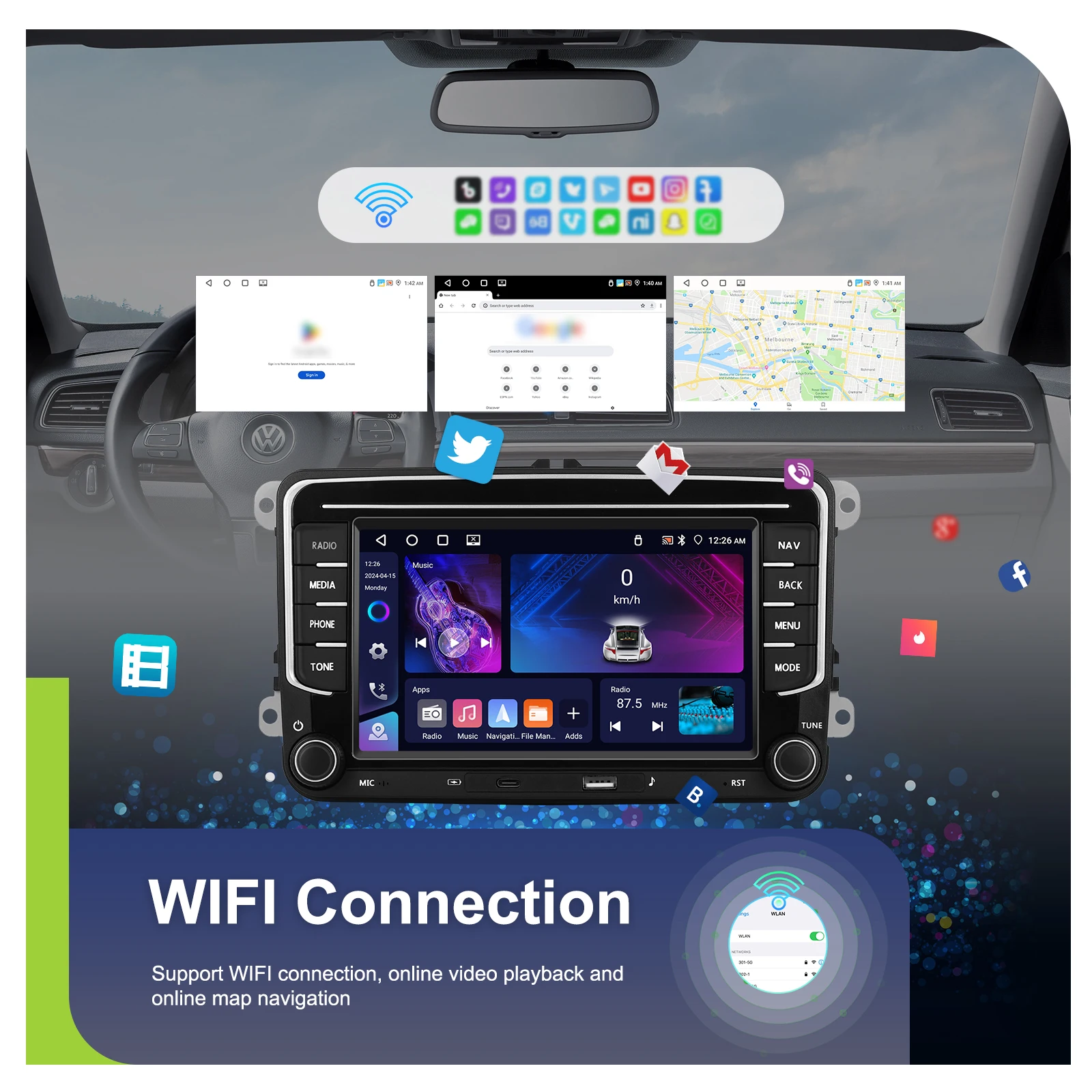 راديو سيارة 7 بوصة لفولكس فاجن ، باسات ، جولف ، علبة ، بولو ، مشغل وسائط متعددة ، مشغل سيارة ، أندرويد تلقائي ، نظام تحديد المواقع ، بلوتوث ، FM ، RDS