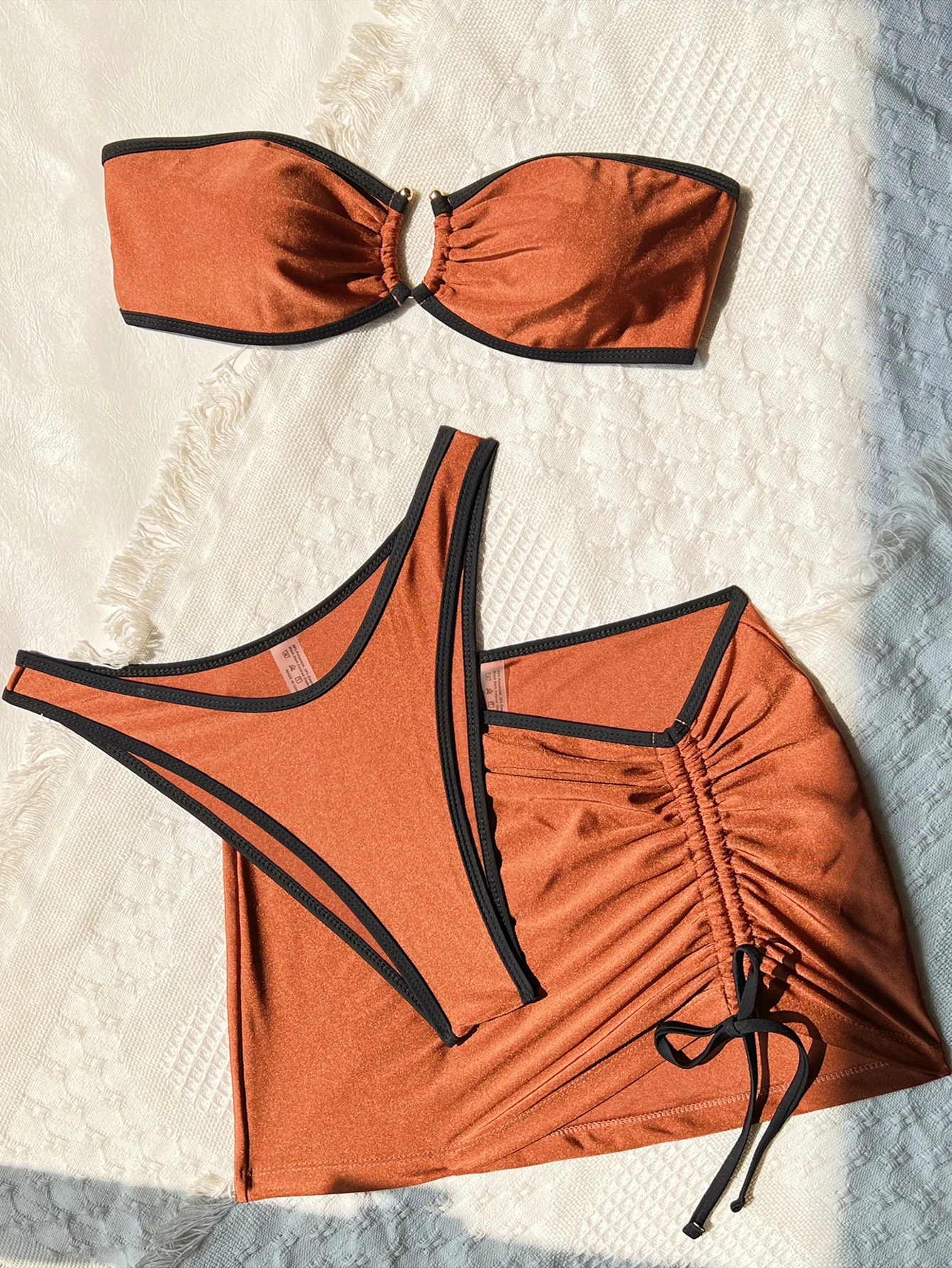 Sexy Glitter Patchwork Bandeau Bikinis Sets 3pcs with Drawstring Mini Skirt Swimwear Swimsuit Bathing Suit Biquini Tankini