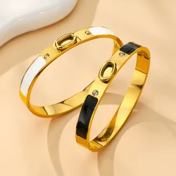 1Piece New Luxury Zircon Irregular Geometric Men Women Bracelets Fashion Black White Color Stainless Steel Enamel Couple Jewelry