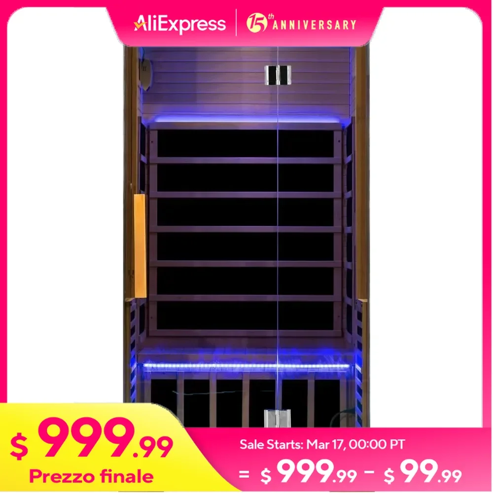 Infrared Sauna for Home Spa with Bluetooth Speakers, LED Lamp, LCD Control Panel, Tempered Glass Door, 7 Colors Lighting