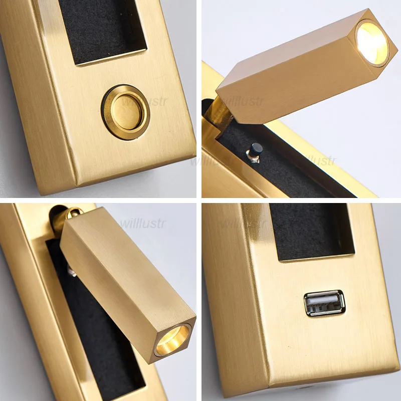 Creative Gold Black Metal Wall Lamp LED USB Sconce Hotel Cafe Bar Bedside Embedded Aluminum Cylinder Cuboid Reading Lighting