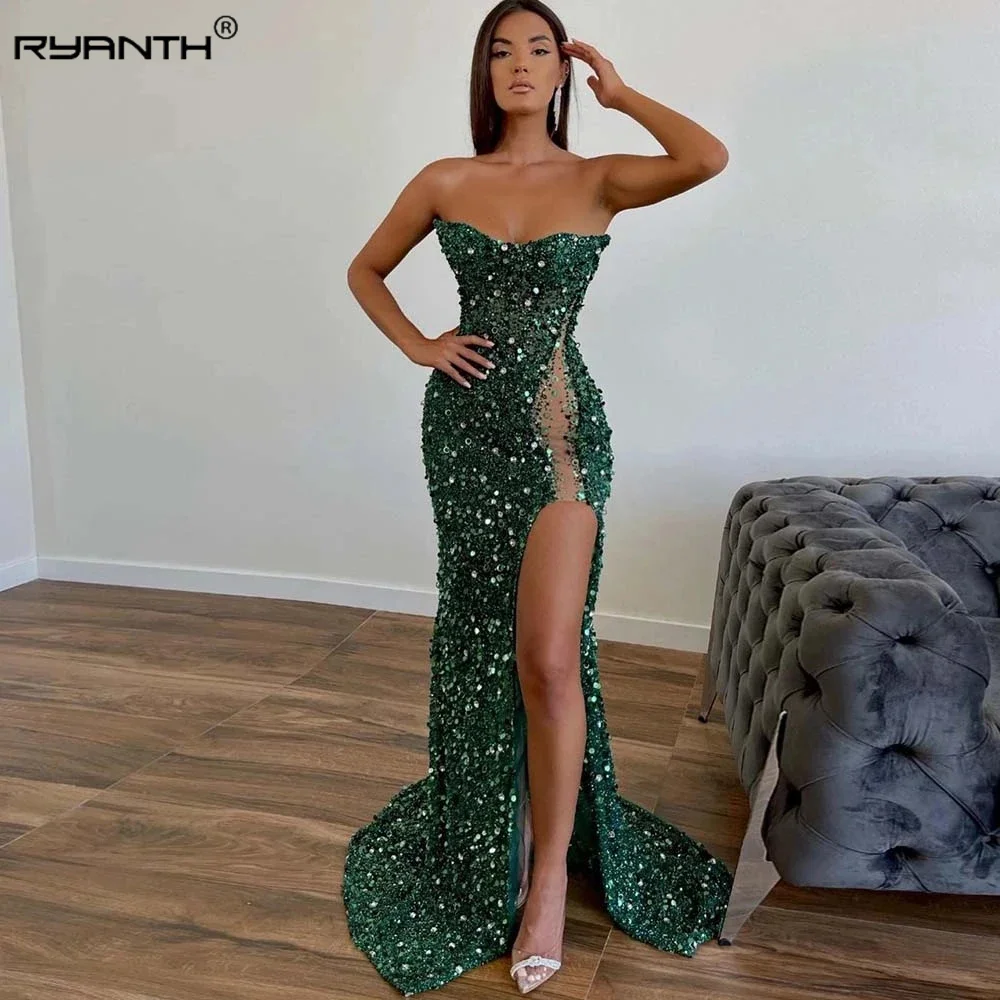 Ryanth Pink Evening Dress Sexy Long Mermaid Side Split Strapless Women Formal Prom Gowns 2024 Sparkly Sequins Robe De Soirre