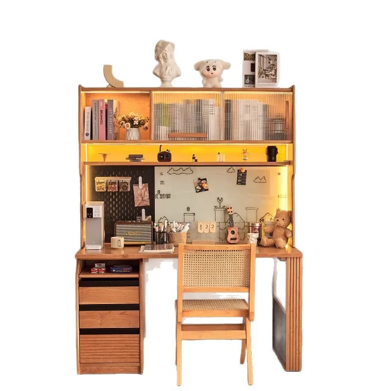 

Solid wood desk bookshelf integrated storage bookcase cream style household cherry wood study table upper and lower