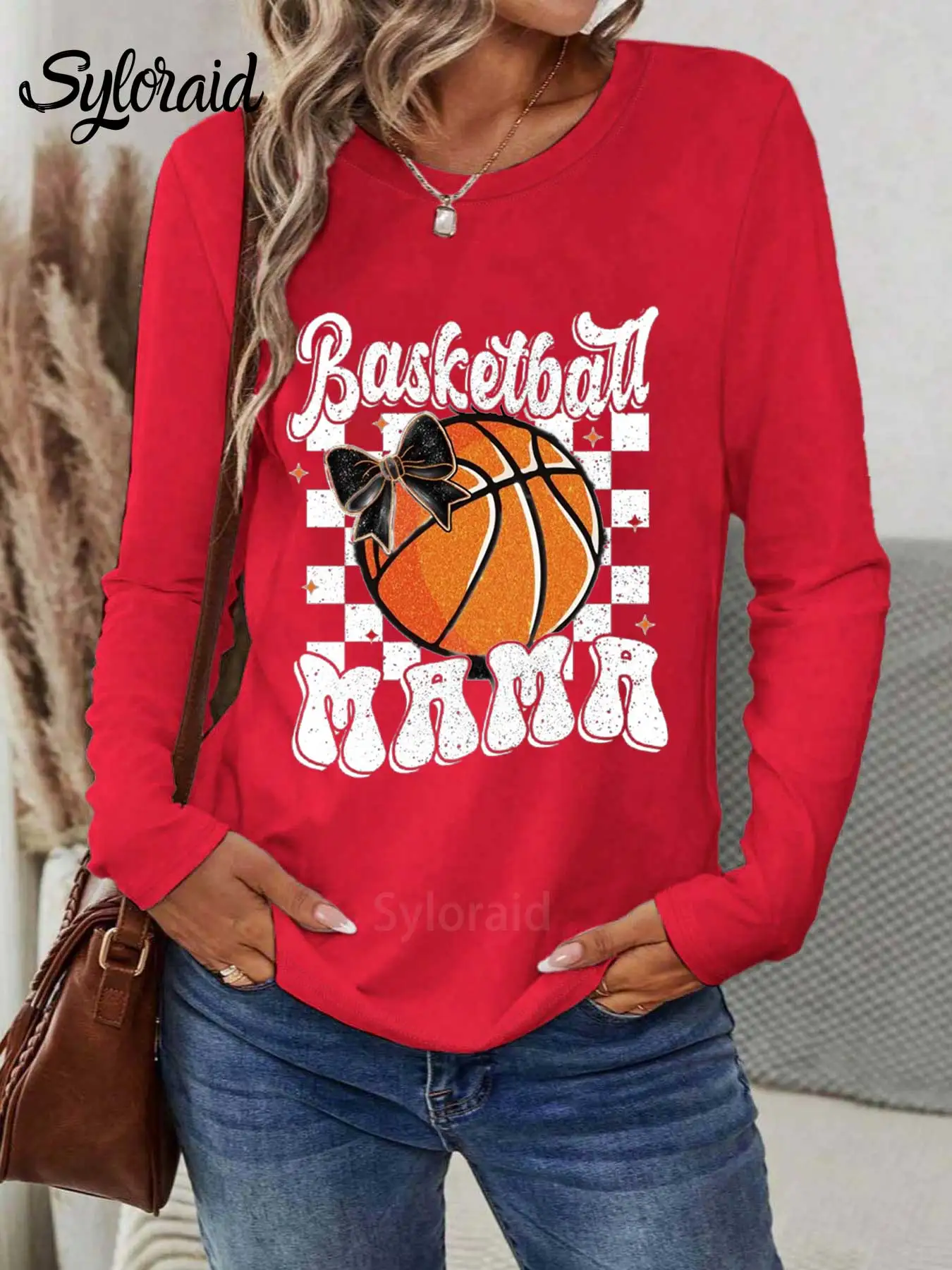 تي شيرت نسائي بأكمام طويلة، تي شيرت كرة السلة ماما، قميص يوم اللعبة، قميص كاجوال برقبة دائرية #3
