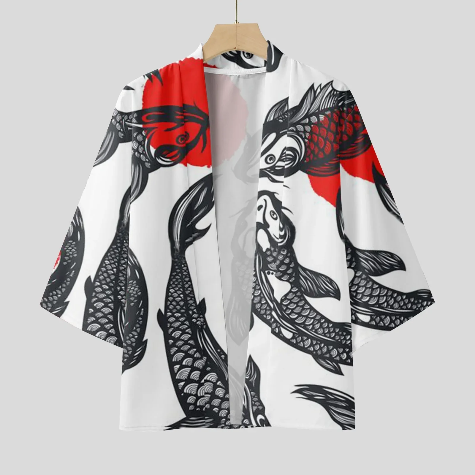 Fashion Men's Red Black Koi Carp Haori Kimono White Base 1/2 Sleeve Japanese Style Casual Outwear Trendy Street Style Coat Tops