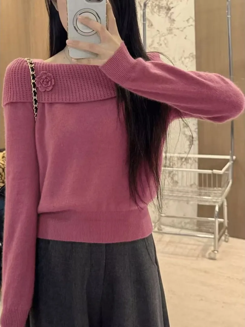 

Женский свободный вязаный свитер с длинными рукавами и одним открытым плечом, весенний, для повседневной носки, в корейском стиле, с цветочной 3D-вышивкой