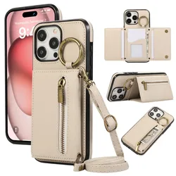Crossbody Ring Card Holder Zipper Wallet Phone Case For iPhone 16 15 Pro Max 14 Plus 13 12 11 XS XR 7 8 SE 2022 Leather Cover