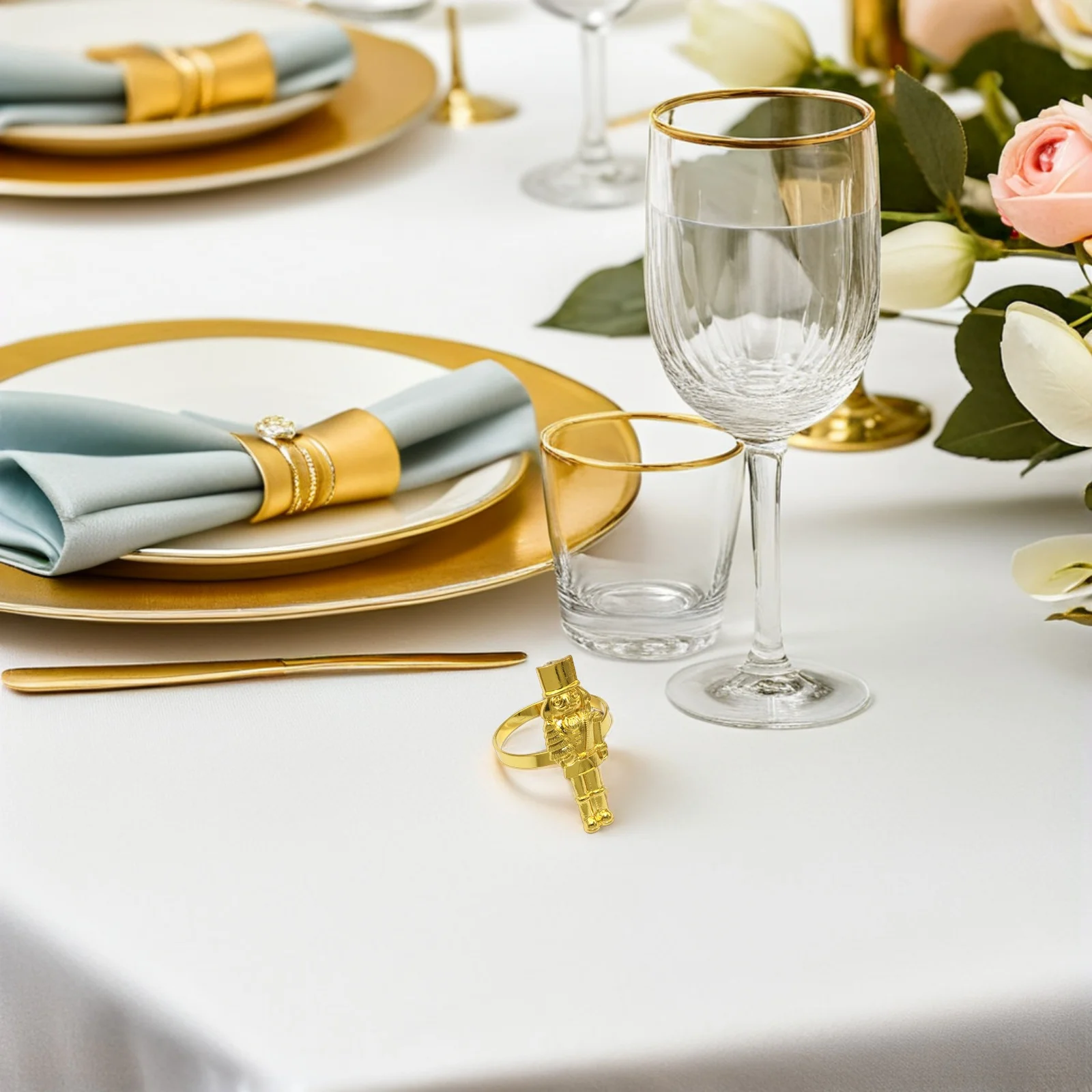 

4Pcs Nutcracker Shaped Napkin Rings Metallic Gold Alloy Clips for Christmas Table Decoration Elegant Holiday Napkin Holders Set